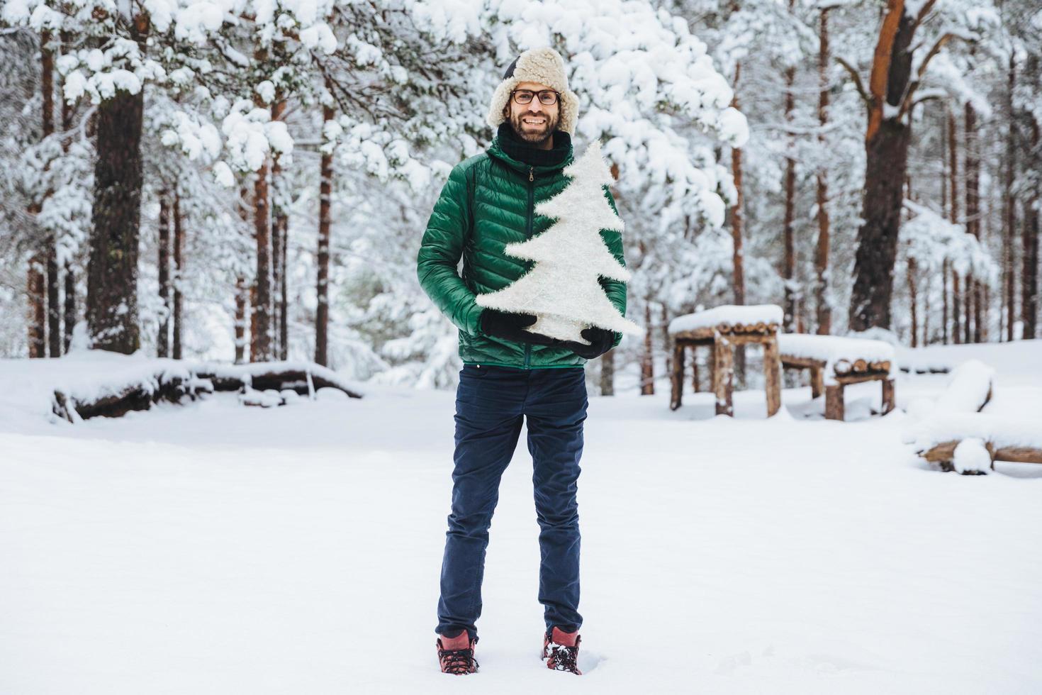 Portrait of man with thick beard and musatche has pleased expression, walks in beautiful winter forest, holds small white artificial fir tree, advertises ir before coming New Year holidays photo
