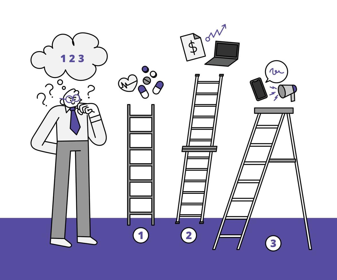 Worker Thinking of Which Ladder to Climb Hand Drawn Character Illustration vector
