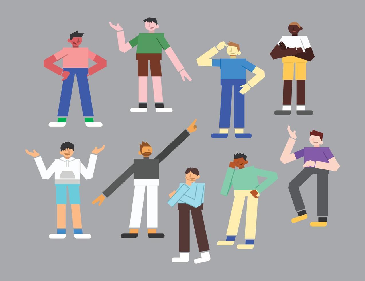 Male Character Standing, Thinking and Talking Flat Character Set vector