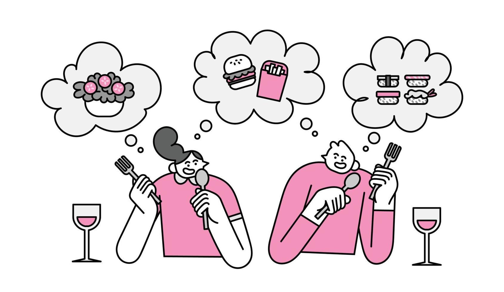 Couple Thinking About Food Hand Drawn Character Illustration vector