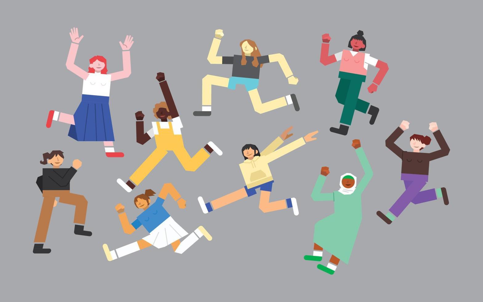 Female Character Running and Jumping Flat Geometric People Set vector