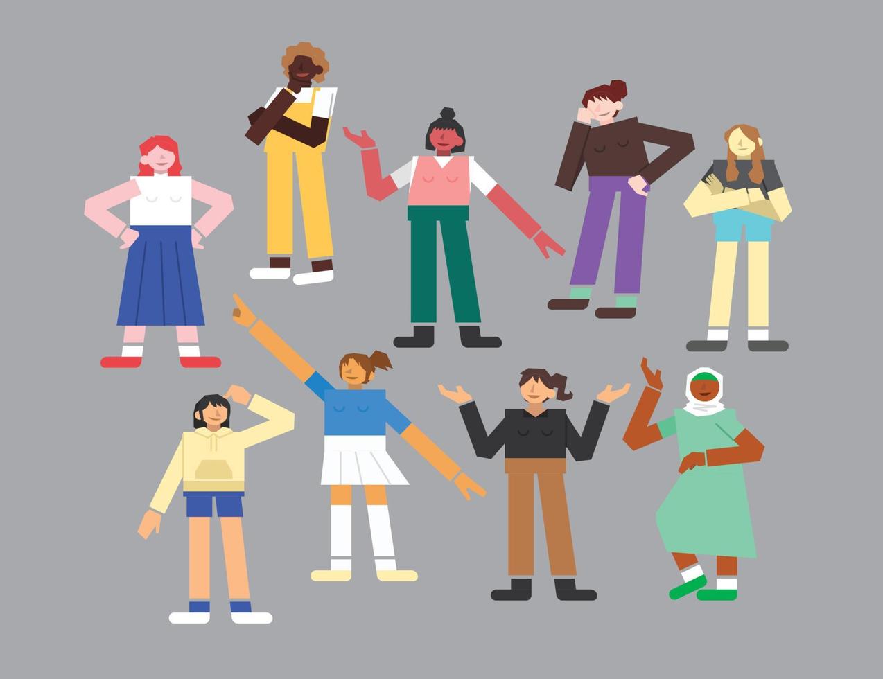 Female Character Standing, Thinking and Talking Flat Geometric People Set vector