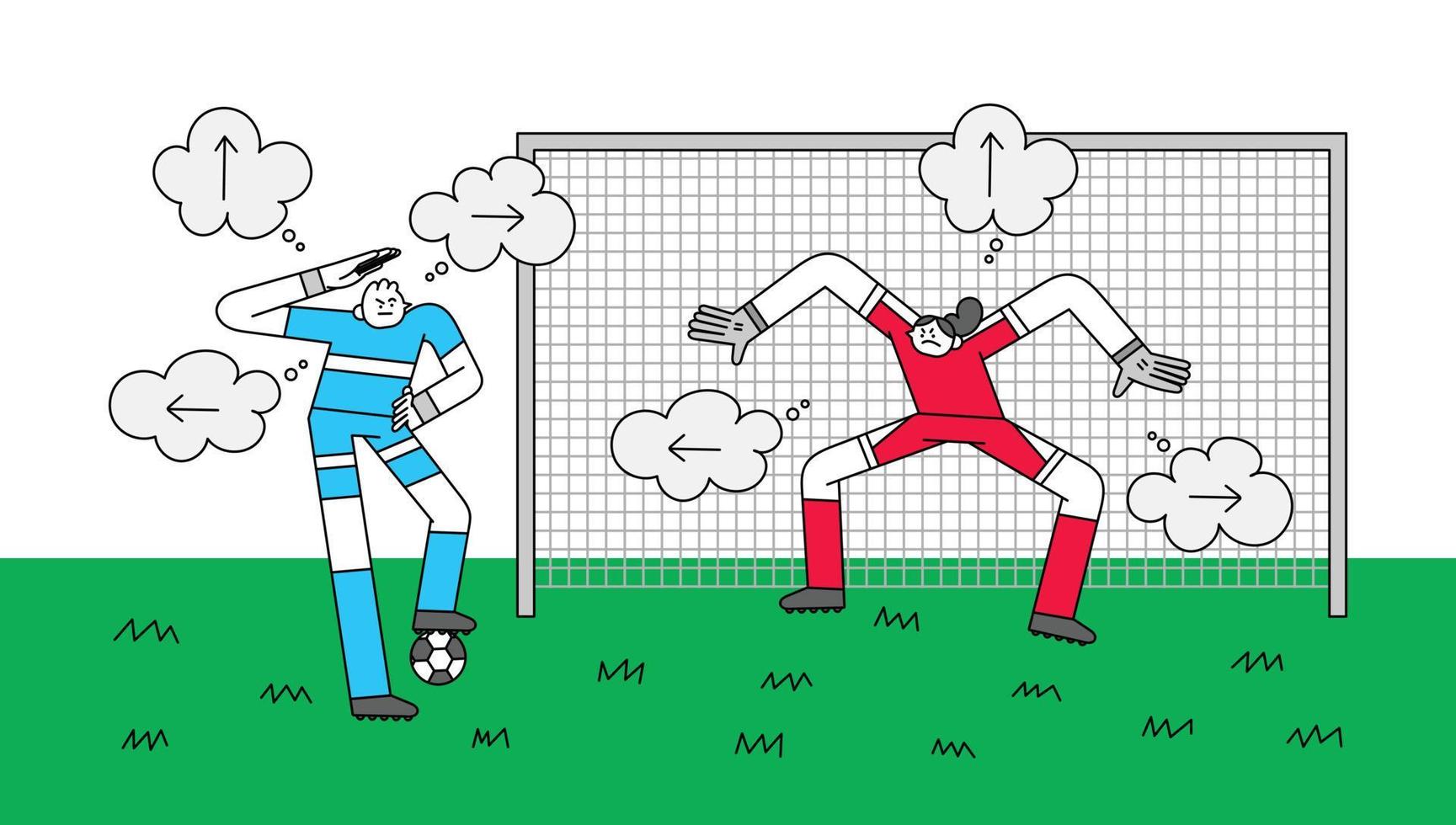 jugador de fútbol tomando una decisión ilustración de personaje dibujado a mano vector