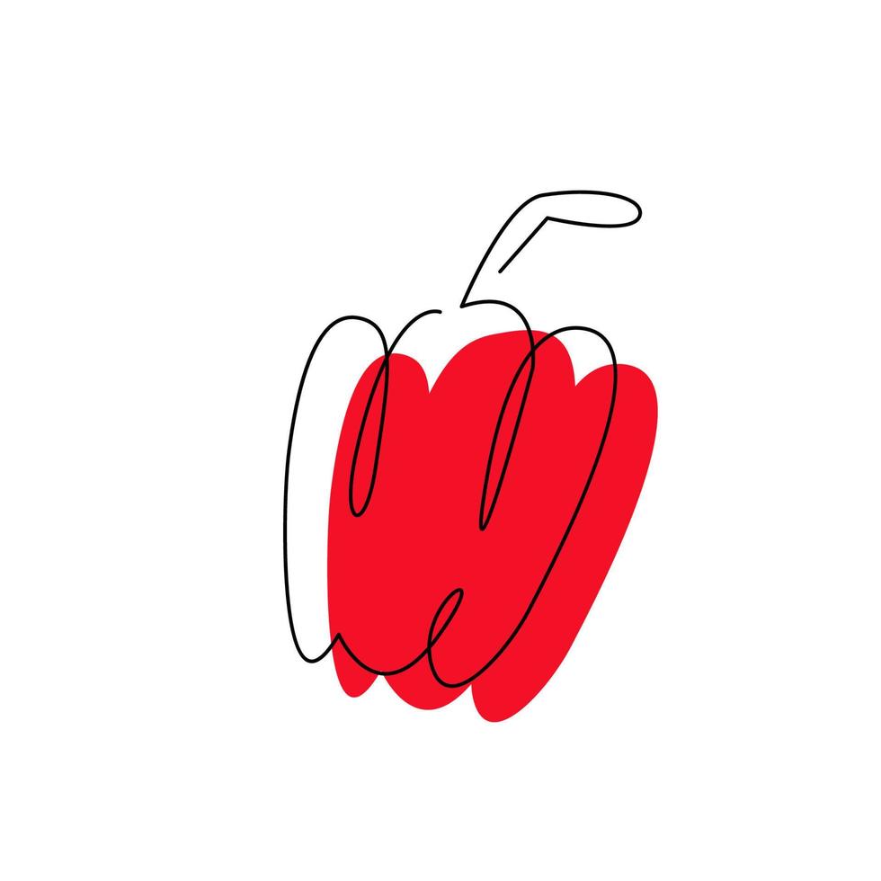 Paprika vegetable in continuous art drawing style isolated. Bell pepper one line with abstract color spot. Red sweet pepper minimalist silhouette concept design. Hand drawn flat vector illustration