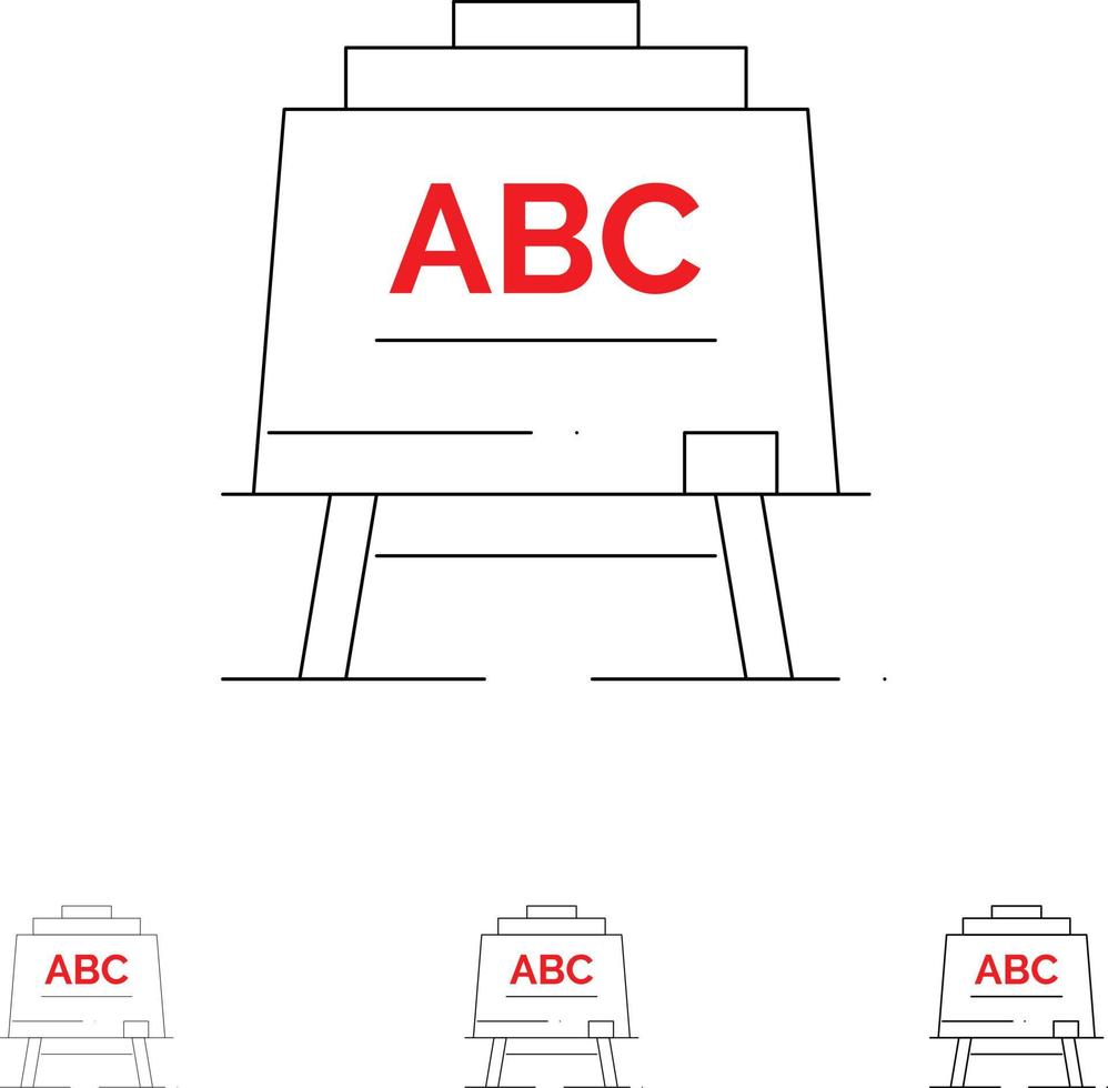 conjunto de iconos de línea negra en negrita y delgada del tablero abc del maestro de aprendizaje vector