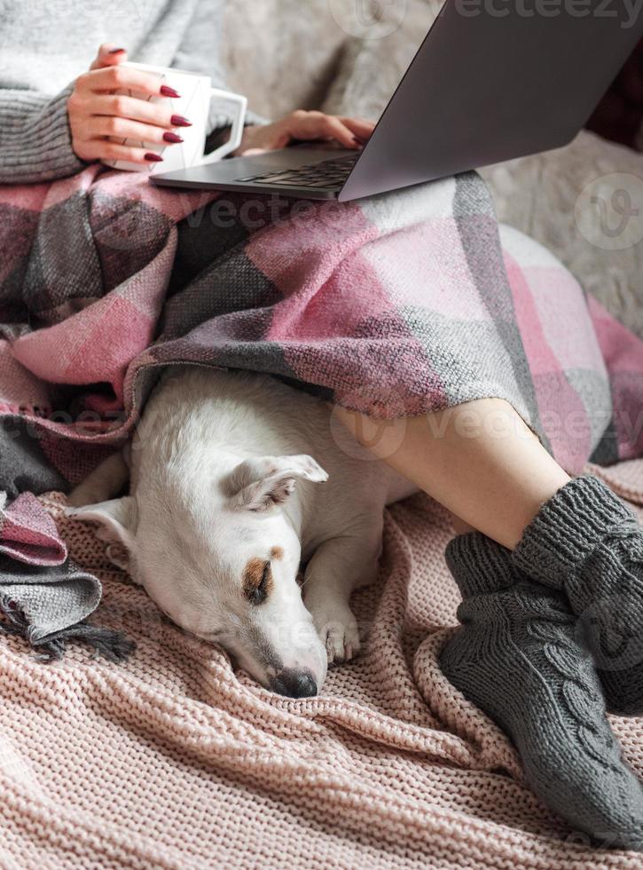 hogar acogedor, mujer cubierta con una manta cálida, bebe café, perro durmiendo al lado de la mujer. foto