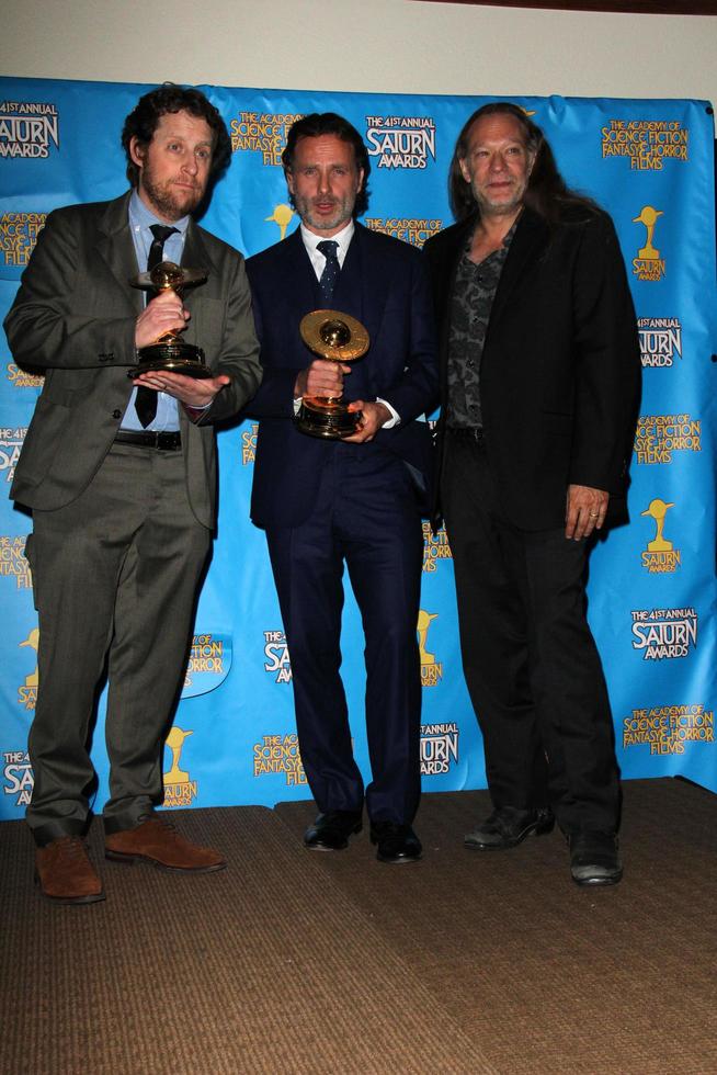 LOS ANGELES - JUN 25 - Scott Gimple, Andrew Lincoln, Gregory Nicotero at the 41st Annual Saturn Awards Press Room at the The Castaways on June 25, 2015 in Burbank, CA photo
