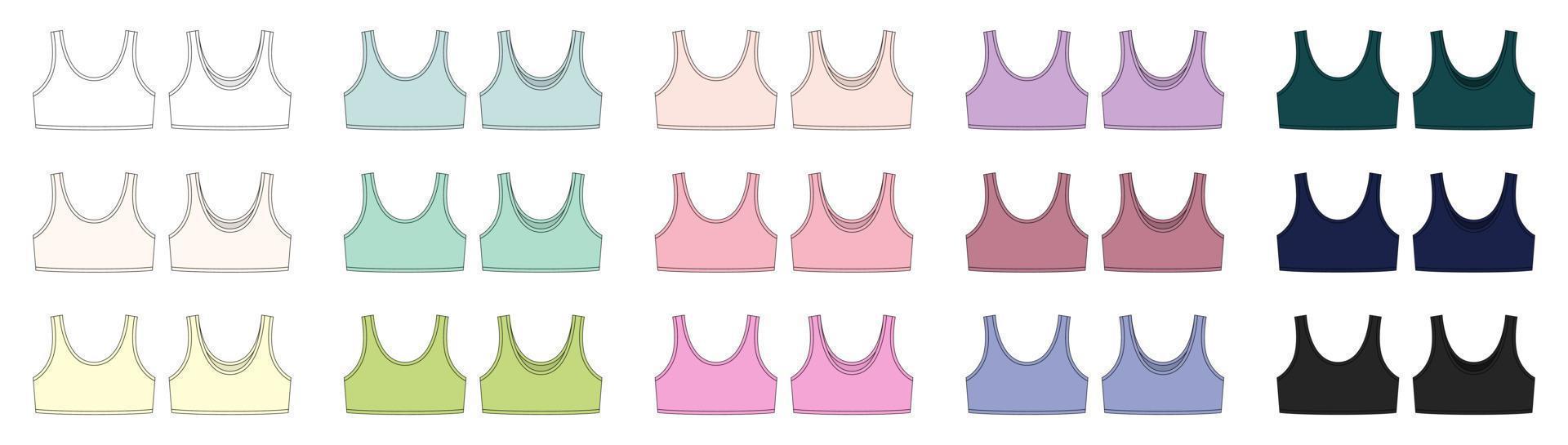 Set of girl bra technical sketch illustration. Casual underclothing multicolored collection. Women's yoga underwear design template bundle. vector