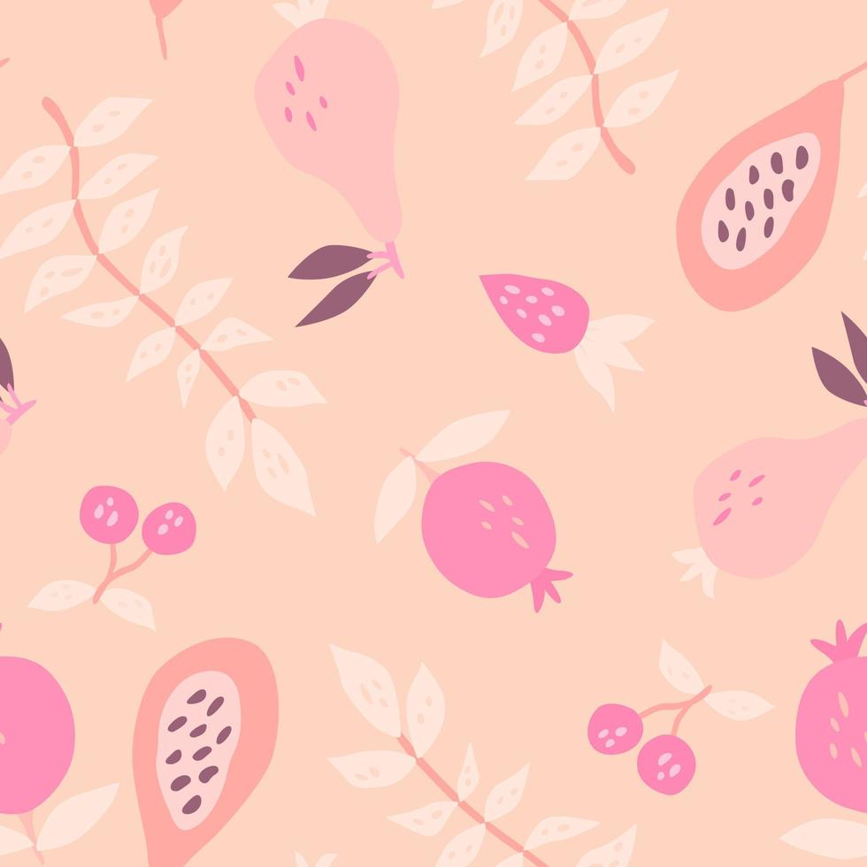 Hand drawn summer fruits seamless pattern. Cherry, pomegranate, papaya, pear, strawberry and palm leaves. vector