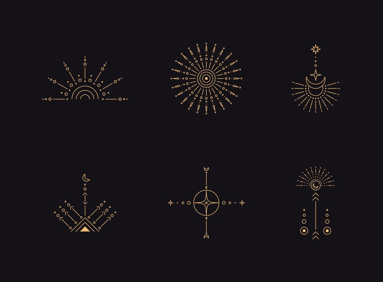 Set of moon and sun line art. Minimal boho linear symbols. Celestial mystic element. Vector line art illustration.