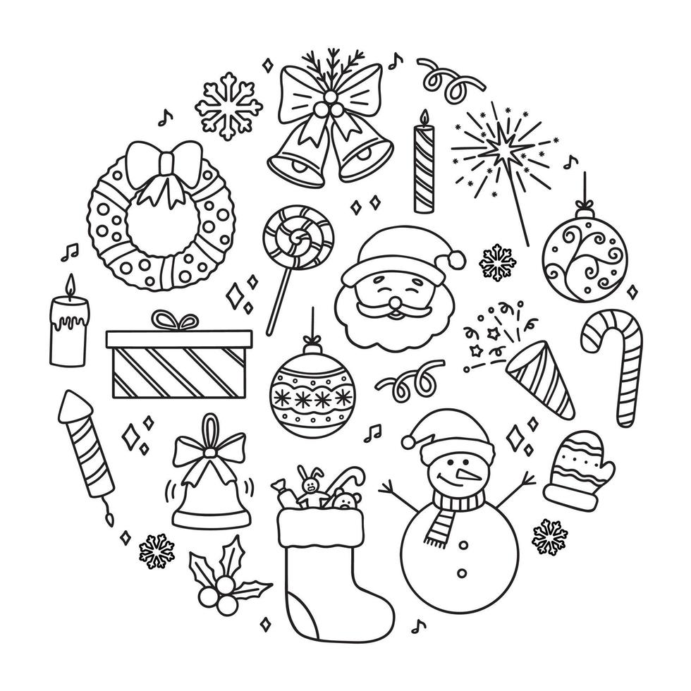 conjunto de iconos de garabatos navideños. fiesta de año nuevo en estilo boceto. ilustración vectorial dibujada a mano aislada sobre fondo blanco vector