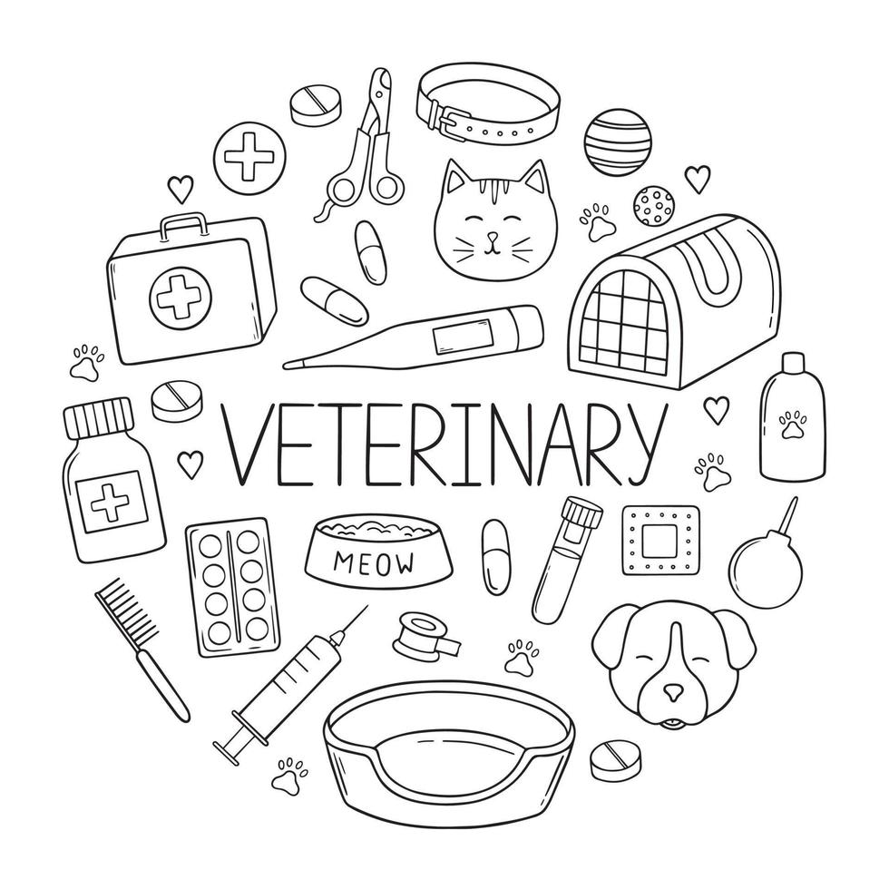 Pets shop and veterinary doodle set. Supplies and accessories for dogs and cats in sketch style. Hand drawn vector illustration isolated on white background.