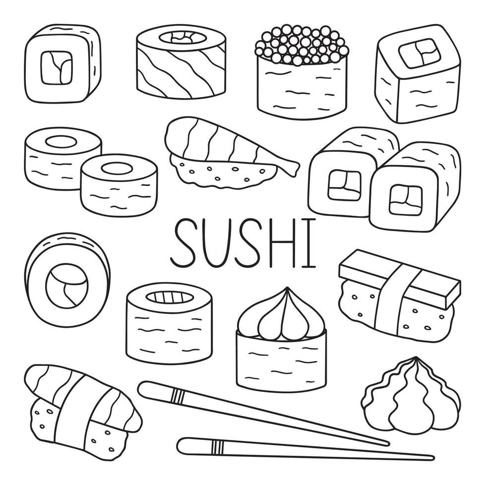 Sushi and rolls doodle set. Japanese food in sketch style. Hand drawn vector illustration isolated on white background