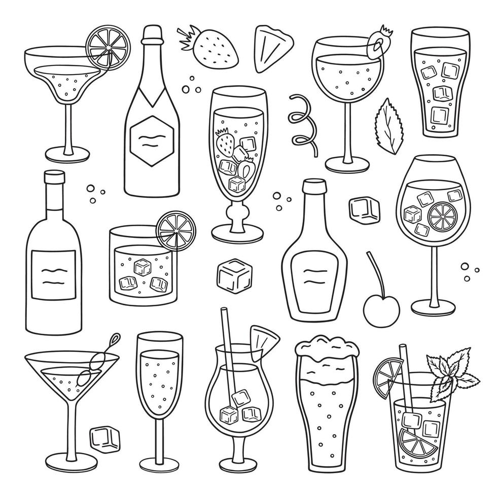 Cocktails and Alcohol Drinks doodle set. Wine, champagne in sketch style. Hand drawn vector illustration isolated on white background
