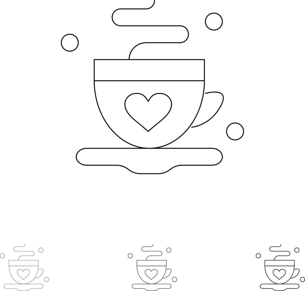 taza de café té amor audaz y delgada línea negra conjunto de iconos vector