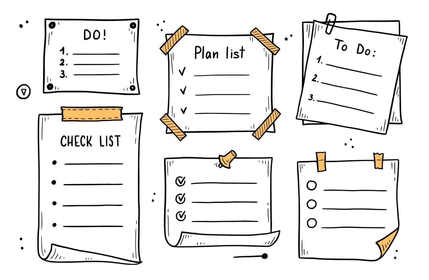 Doodle checklist set. To do, task list vector