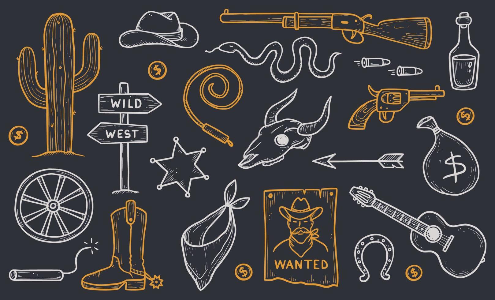 Cowboy western doodle set. Hand drawn vector