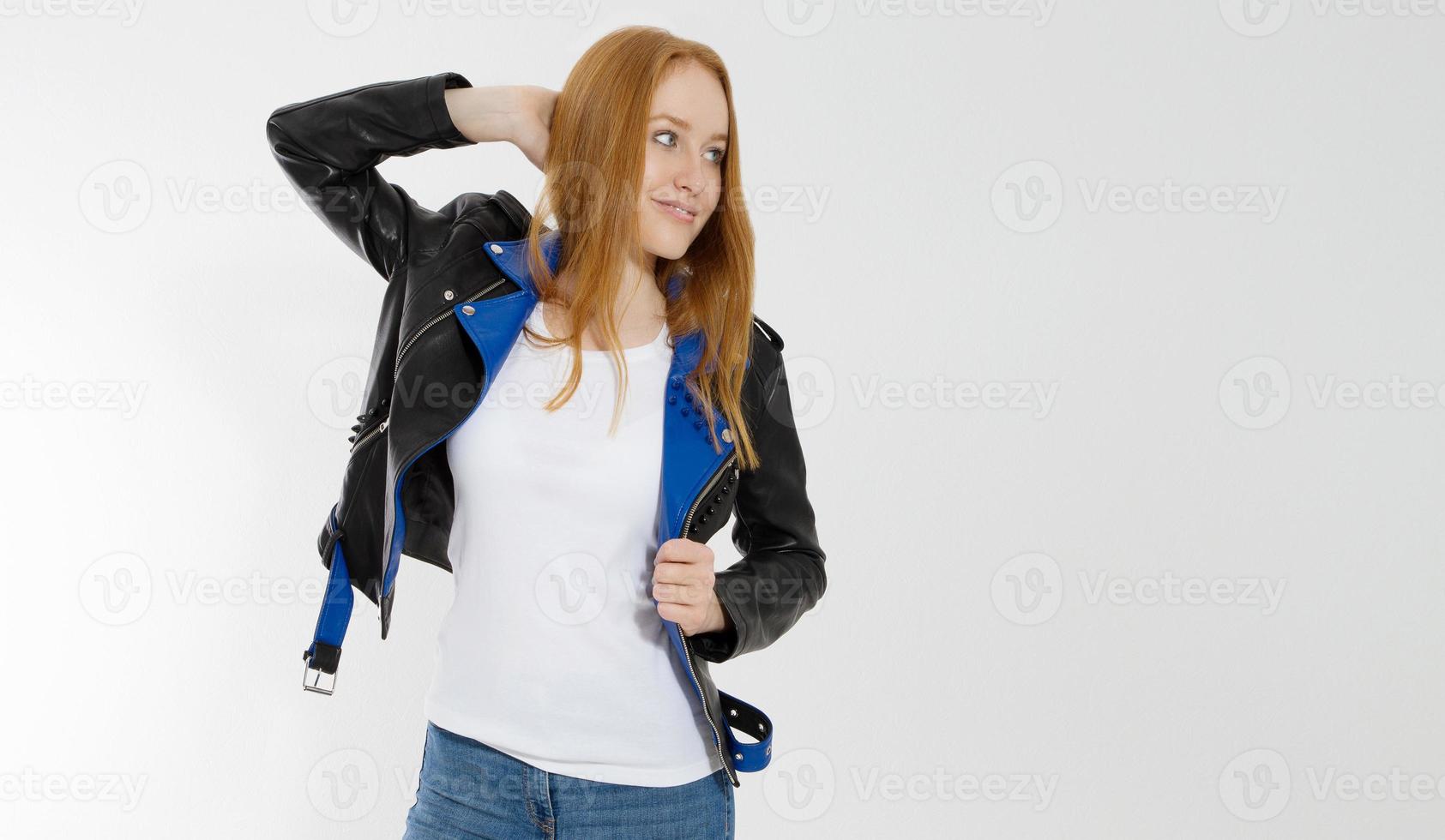 Woman in white t shirt and black leather jacket isolated on white
