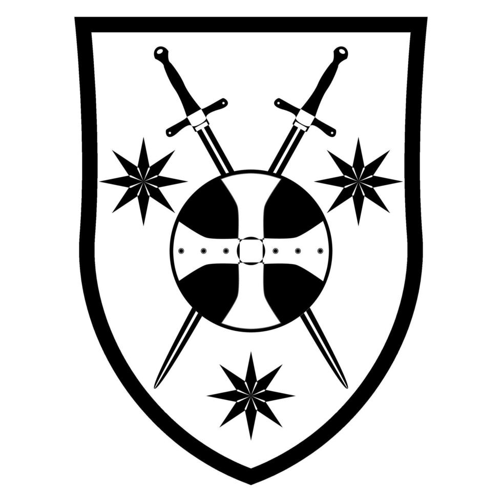Heraldic shield cross Swords crest. Medieval coat of arms and knight emblems. Outline vector illustration isolated on white background.