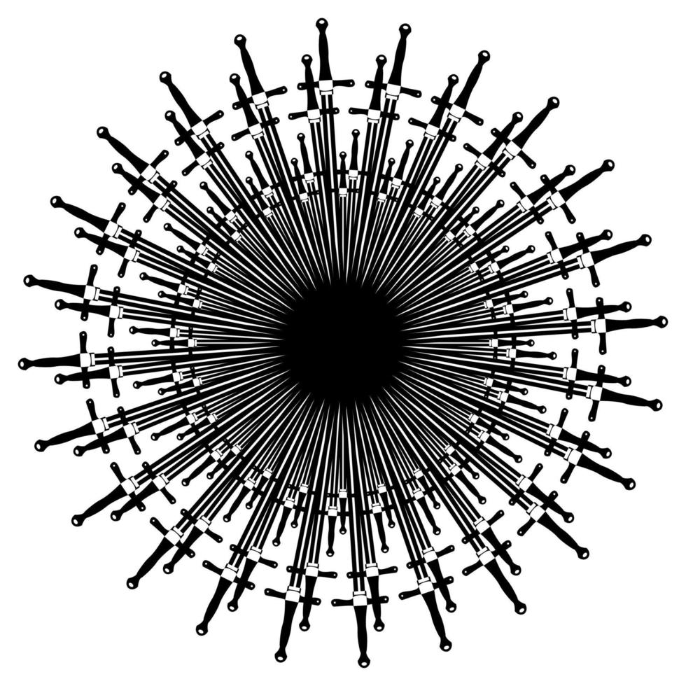 Abstract eyeball made by Swords. Simple black eye icon. Outline vector illustration isolated on white background.