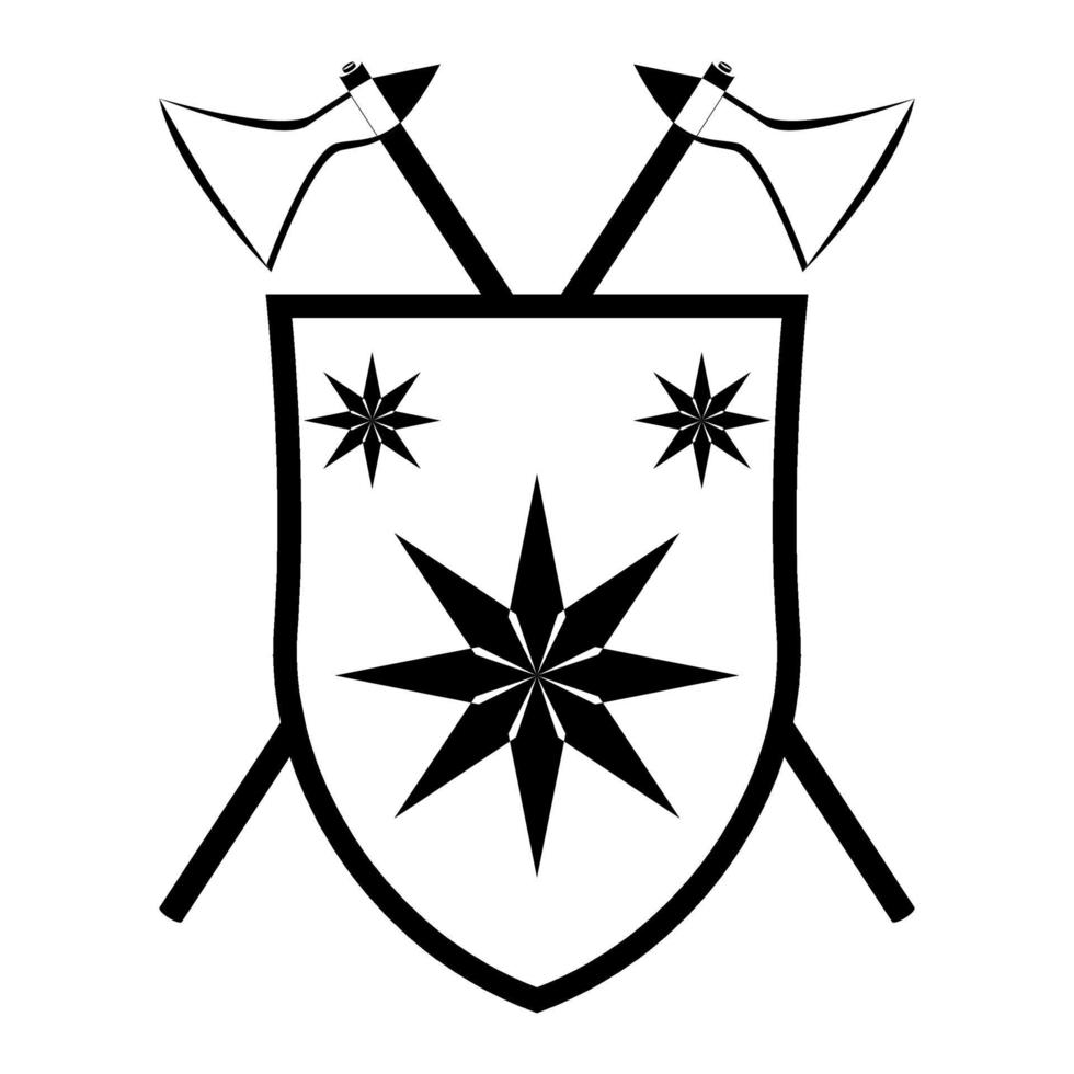 Heraldic shield cross Axe crest. Medieval coat of arms and knight emblems. Outline vector illustration isolated on white background.