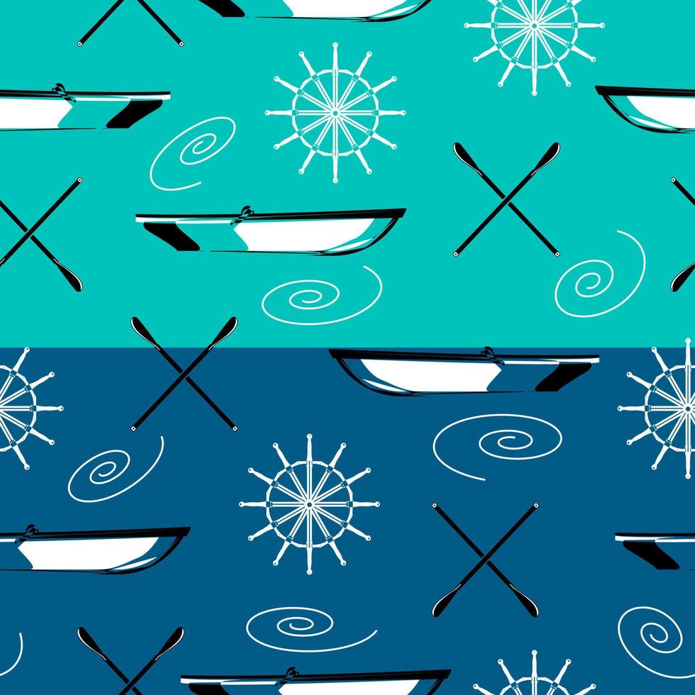 Boat, oars and steerling wheel in outline style. Seamless pattern. Sea texture. Printable design. Wallpaper element. Random square pattern. vector