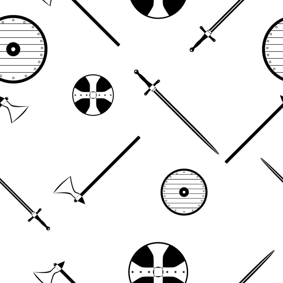 Medieval axe, sword and shield. Seamless pattern. Weapon texture. Vikings ornament. Printable design. Wallpaper element. Random square pattern. vector