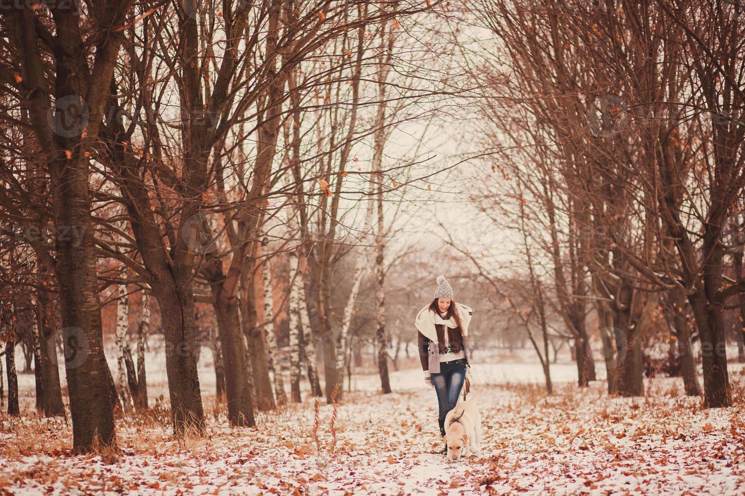 Young girl and her dog walking photo