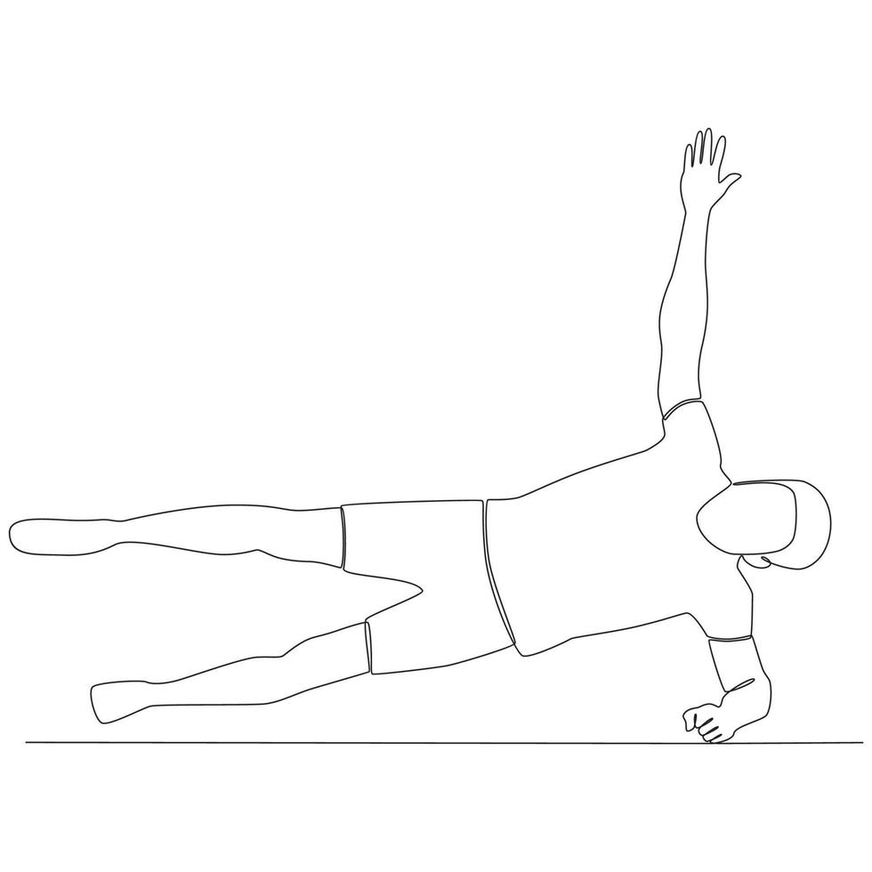 hombre practicando pilates, practicando yoga dibujo de línea continua vector