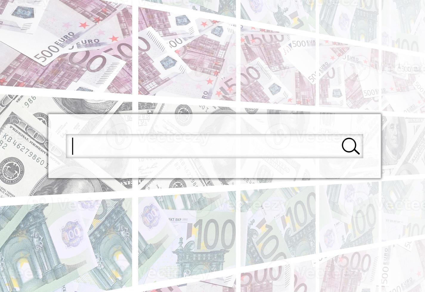 The search string is located on top of collage of many images of euro banknotes in denominations of 100 and 500 euros lying in the heap photo