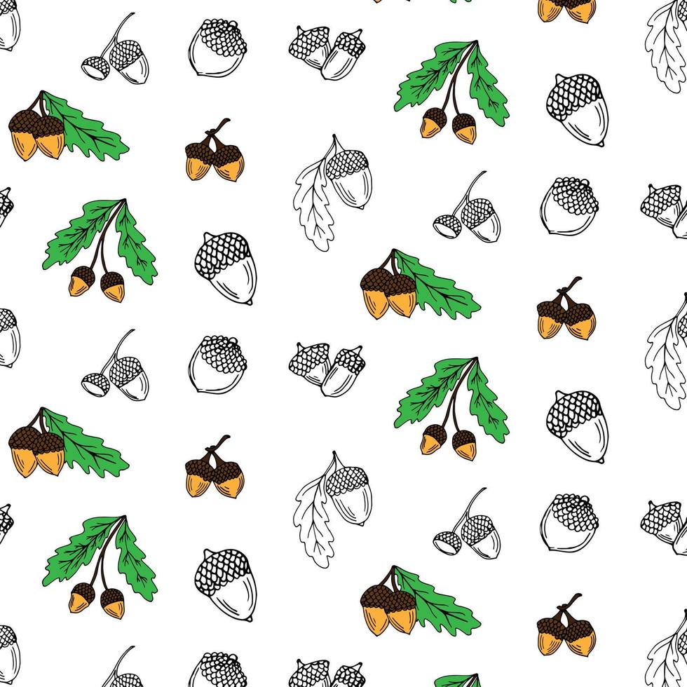 Dry oak leaves and acorns. Hand drawn seamless pattern. Autumn collection. Vector illustration.