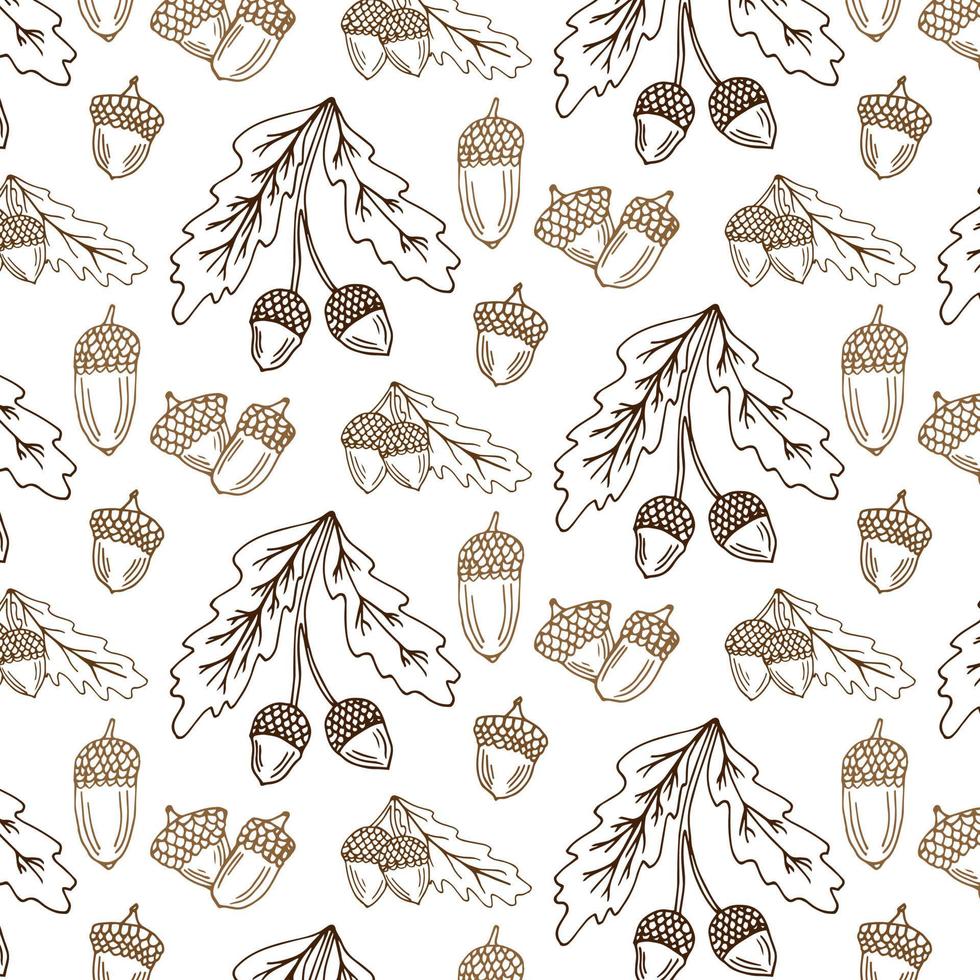 Dry oak leaves and acorns. Hand drawn seamless pattern. Autumn collection. Vector illustration.