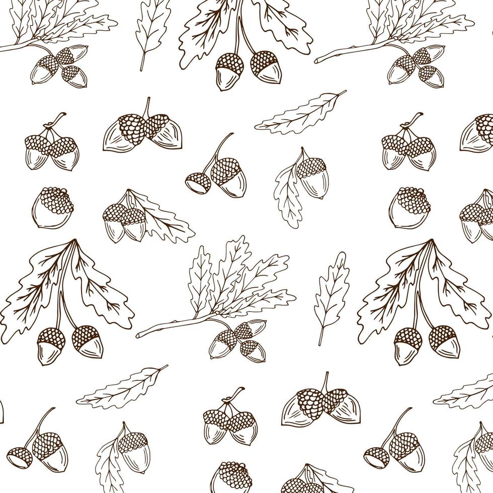 Dry oak leaves and acorns. Hand drawn seamless pattern. Autumn collection. Vector illustration.