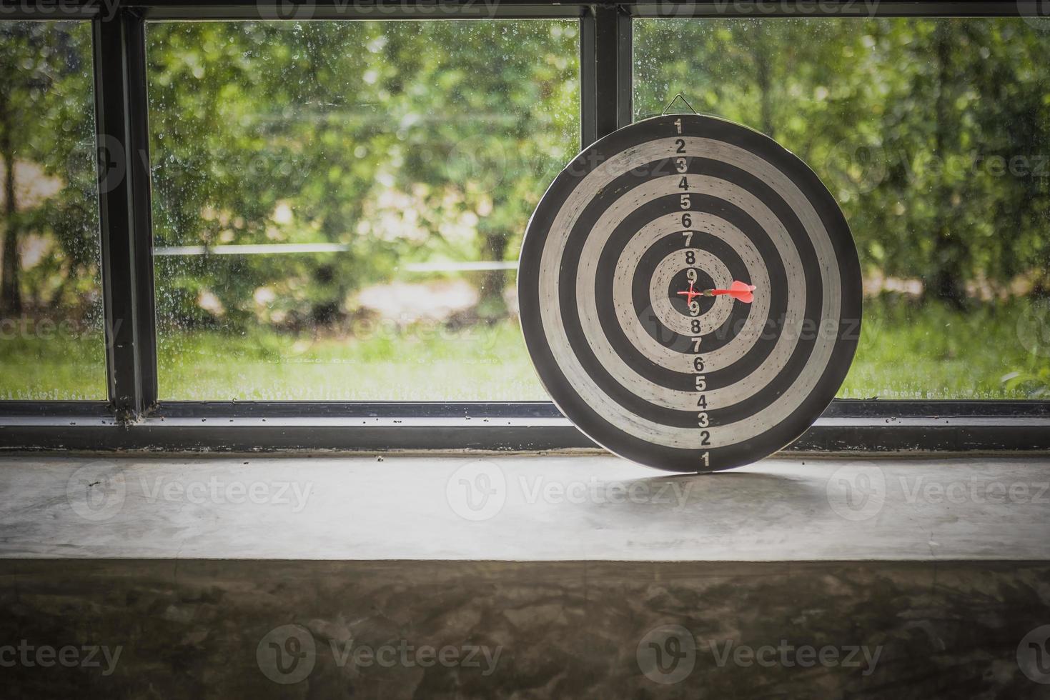 one dart hit it's target on a red background, concept for success, photo