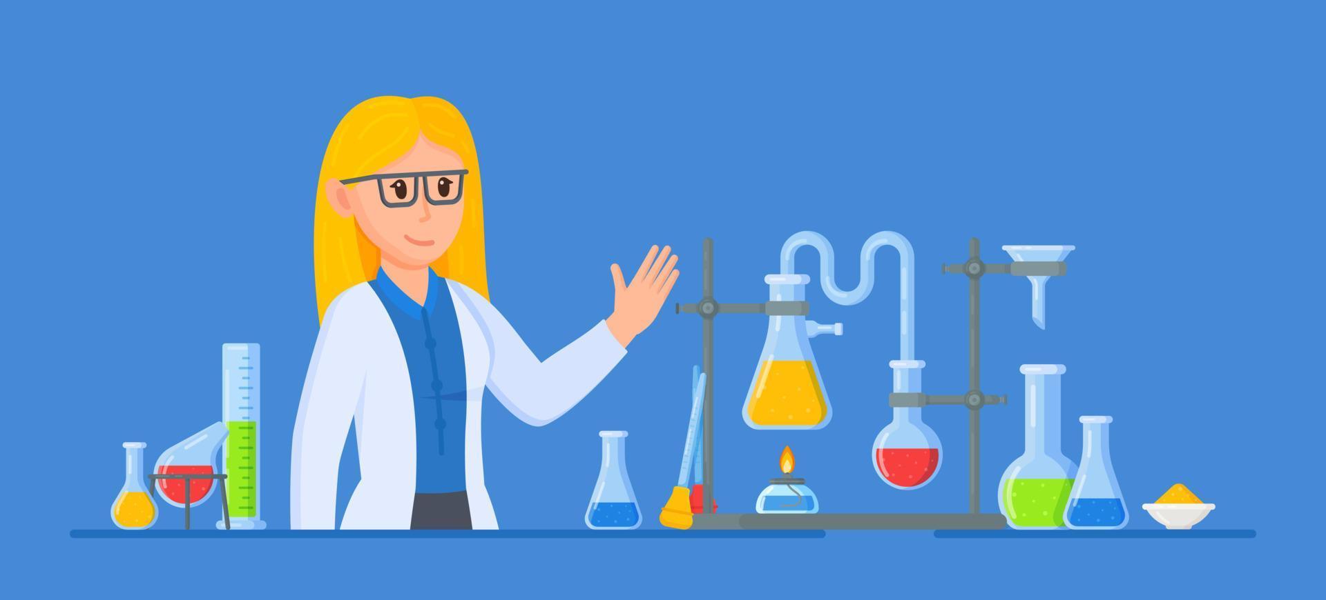 Vector illustration of a female scientist. Woman scientist working in a laboratory.