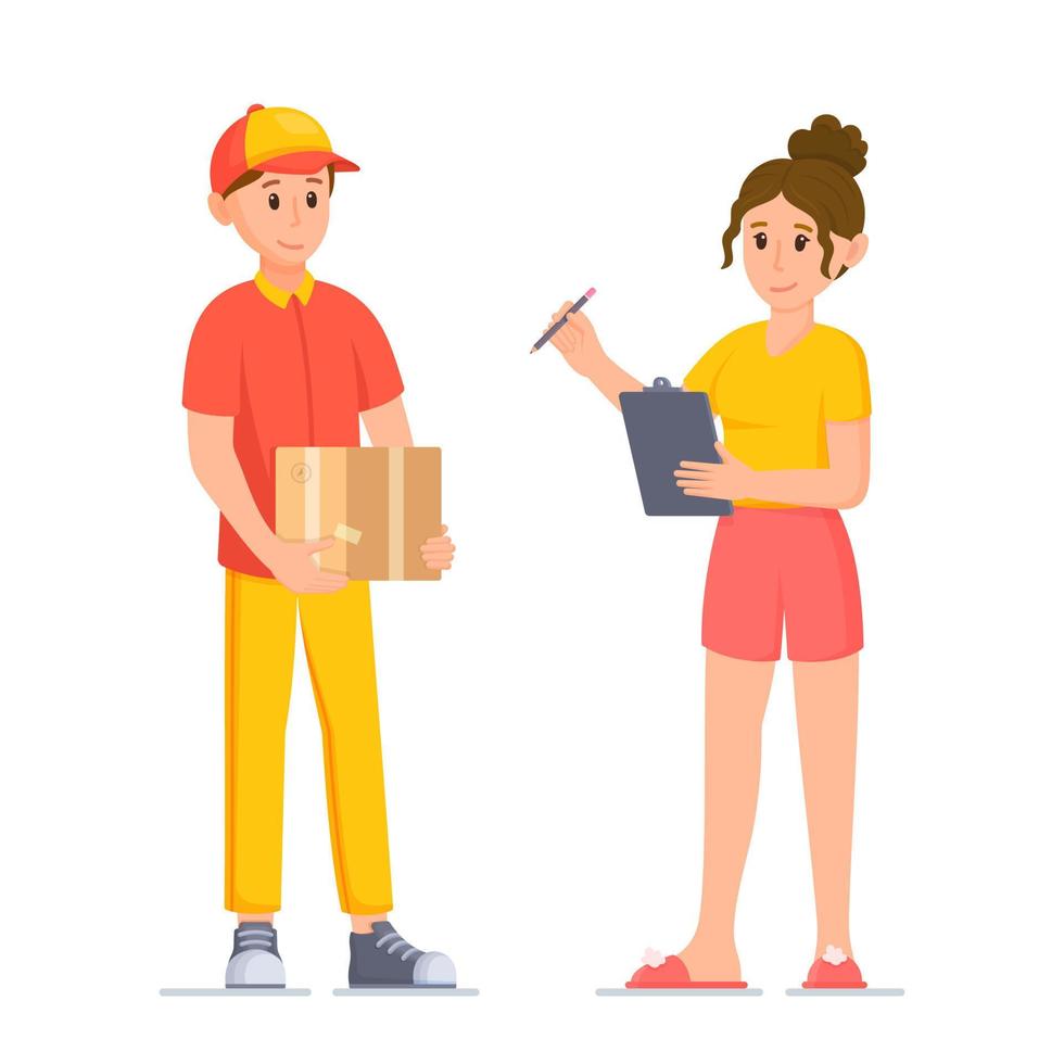 Vector illustration of parcel receipt. The customer picks up his order from the courier.
