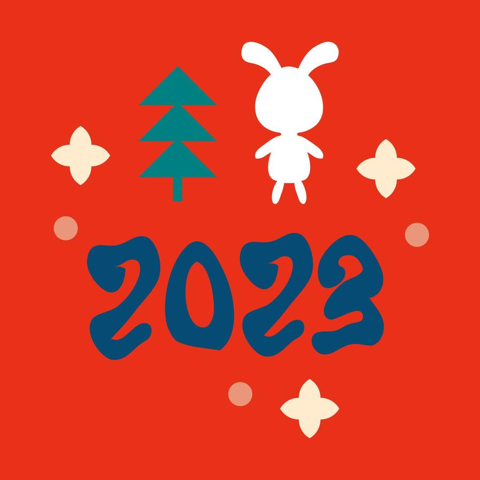 Trendy celebration New Year 2023 print with hare, numbers, tree and stars. vector