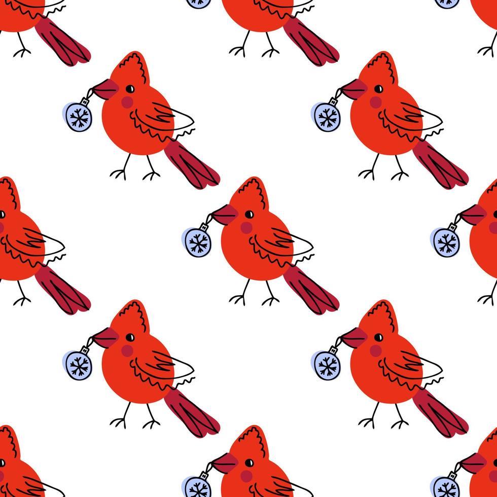 Northern red cardinal bird with christmas toy in beak seamless pattern. vector