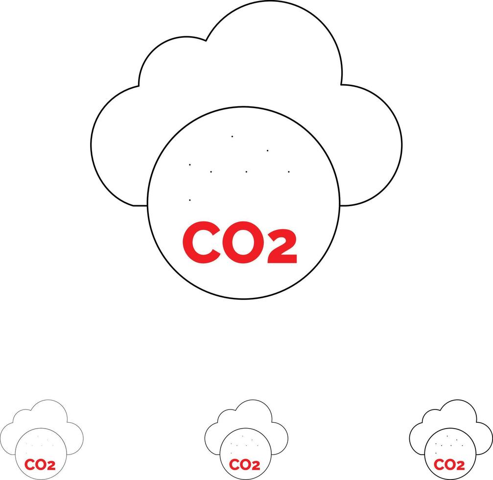 aire, dióxido de carbono, co2, contaminación, negrita, y, delgado, línea negra, icono, conjunto vector