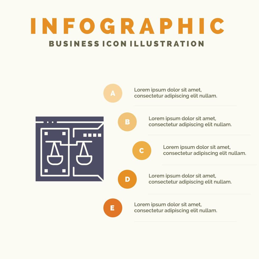 negocios derechos de autor tribunal ley digital icono sólido infografía 5 pasos presentación antecedentes vector