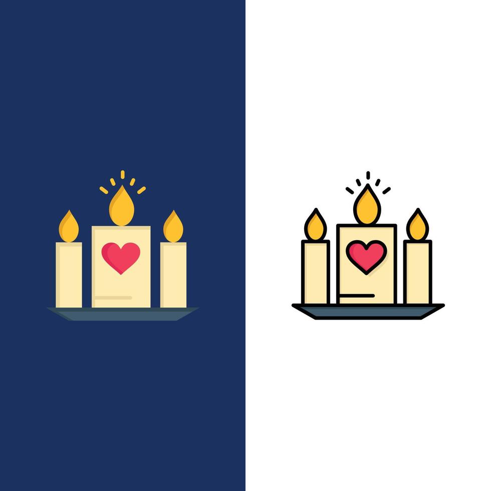 vela amor corazón boda iconos planos y llenos de línea conjunto de iconos vector fondo azul