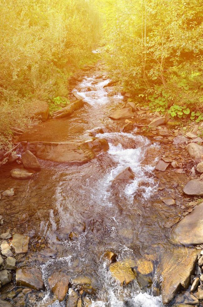 Close-up image of a small wild waterfall in the form of short streams of water between mountain stones photo