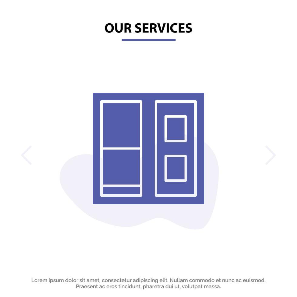 nuestros servicios edificio puerta de la casa icono de glifo sólido plantilla de tarjeta web vector