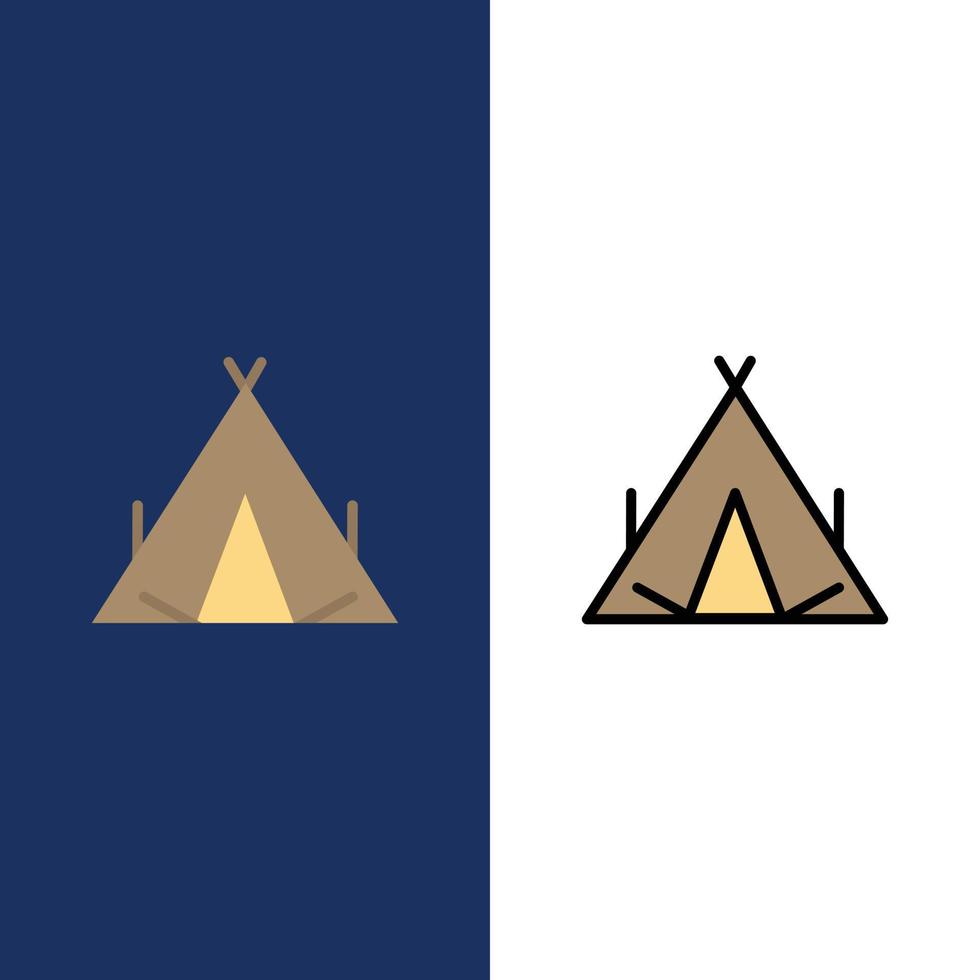 tienda de campaña wigwam primavera iconos planos y llenos de línea conjunto de iconos vector fondo azul