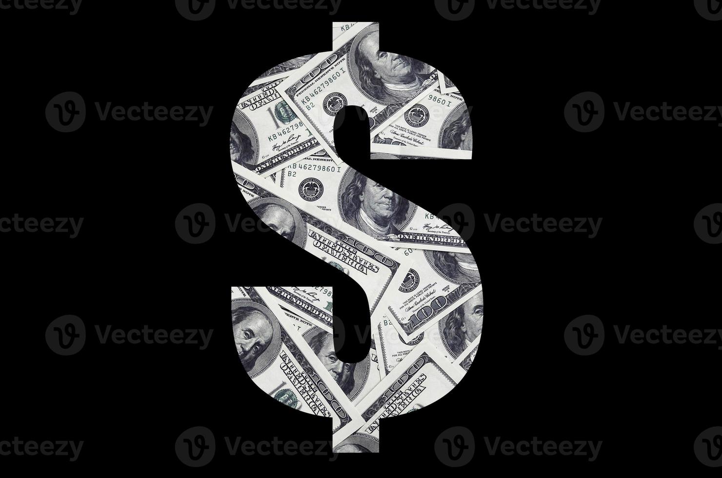 The symbol Dollar on a black background. A pattern from the set of scattered dollar bills as a filling character photo