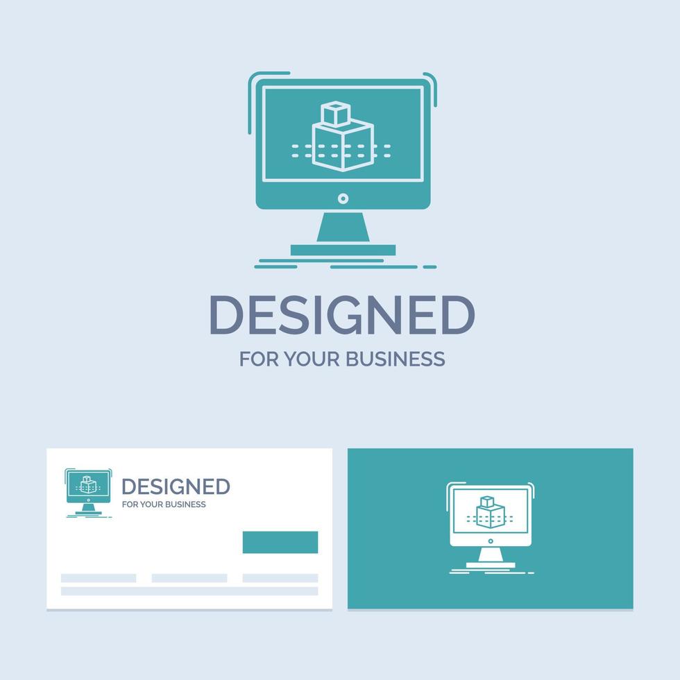 3d. cube. dimensional. modelling. sketch Business Logo Glyph Icon Symbol for your business. Turquoise Business Cards with Brand logo template. vector