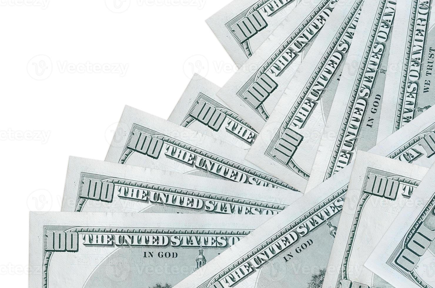 100 US dollars bills lies in different order isolated on white. Local banking or money making concept photo