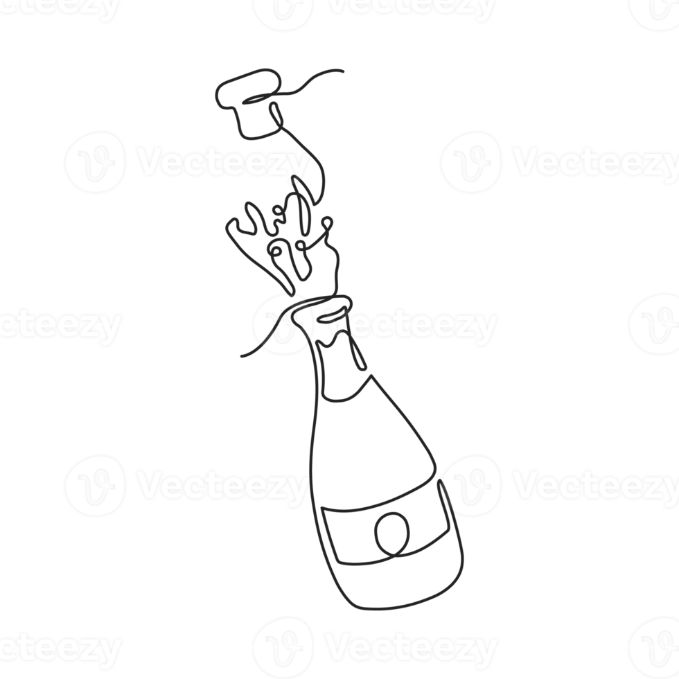 Continuous one line drawing of champagne bottle. Champagne opening with splash in line art style. Concept of holiday, victory png
