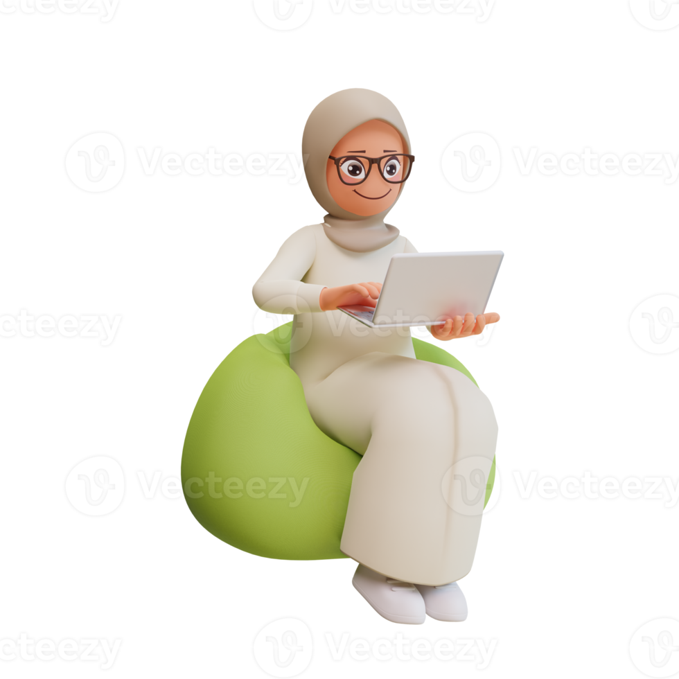 3d render cute muslim woman hold laptop png