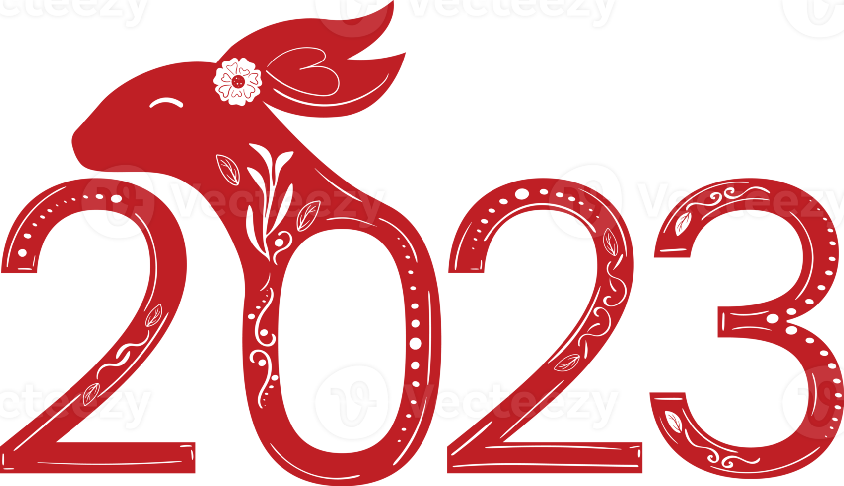Chinese 2023 New Year Numeric. Zodiac Red Rabbit with White Floral Ornament png